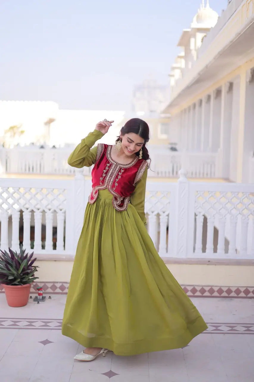 Embroidered Faux Georgette Gown with Velvet Koti Set