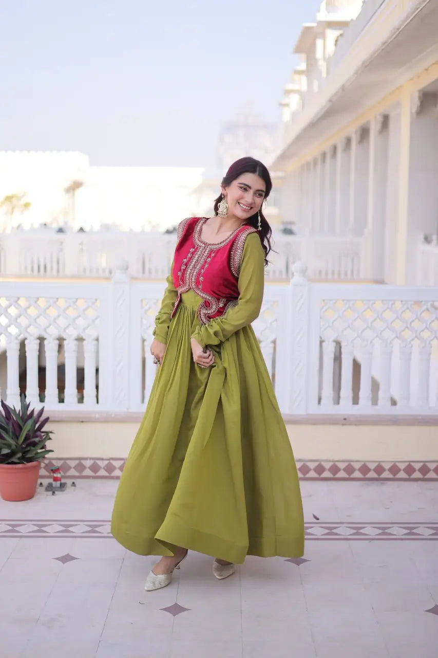 Embroidered Faux Georgette Gown with Velvet Koti Set
