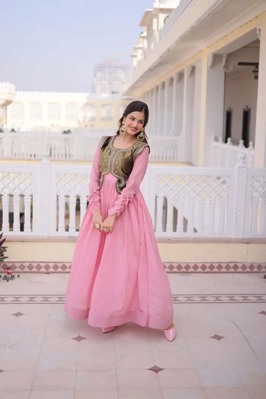 Embroidered Faux Georgette Gown with Velvet Koti Set