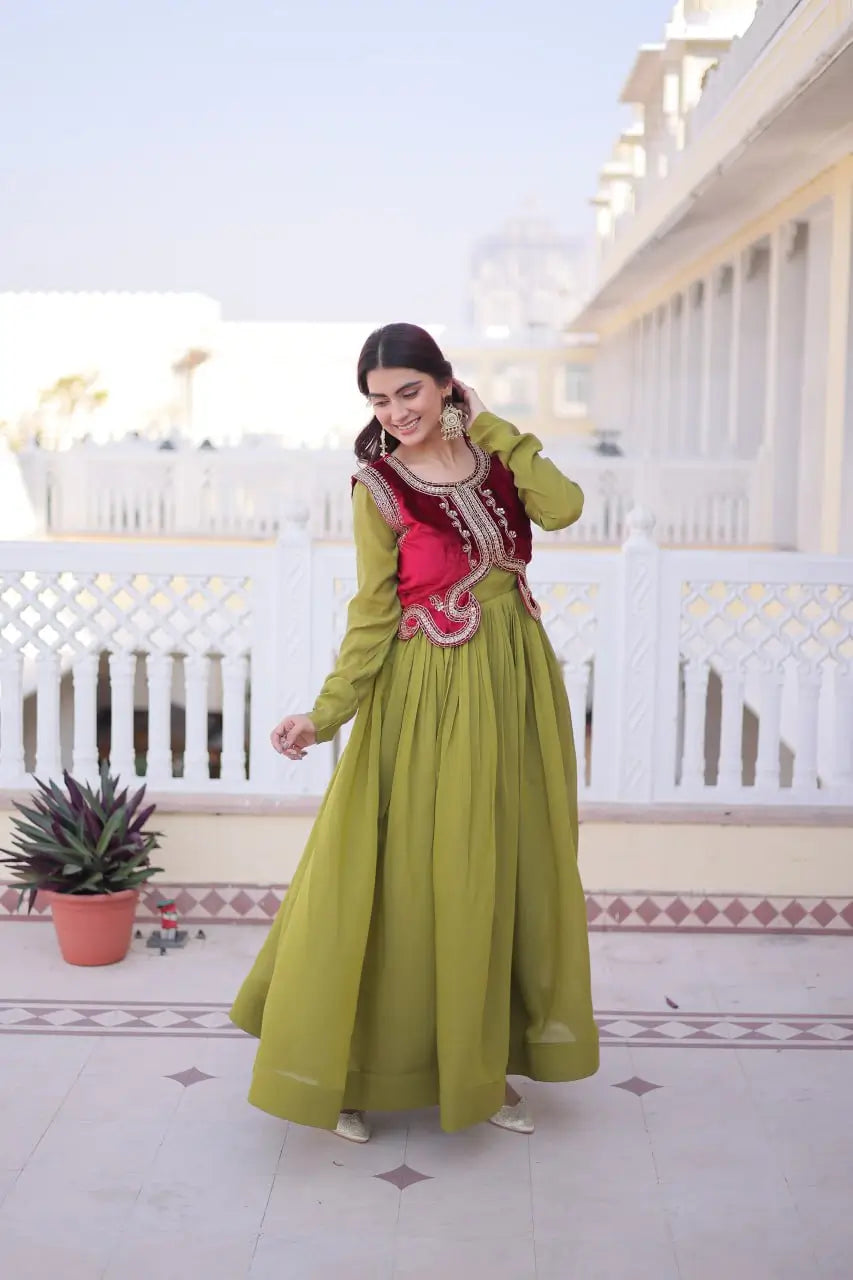 Embroidered Faux Georgette Gown with Velvet Koti Set