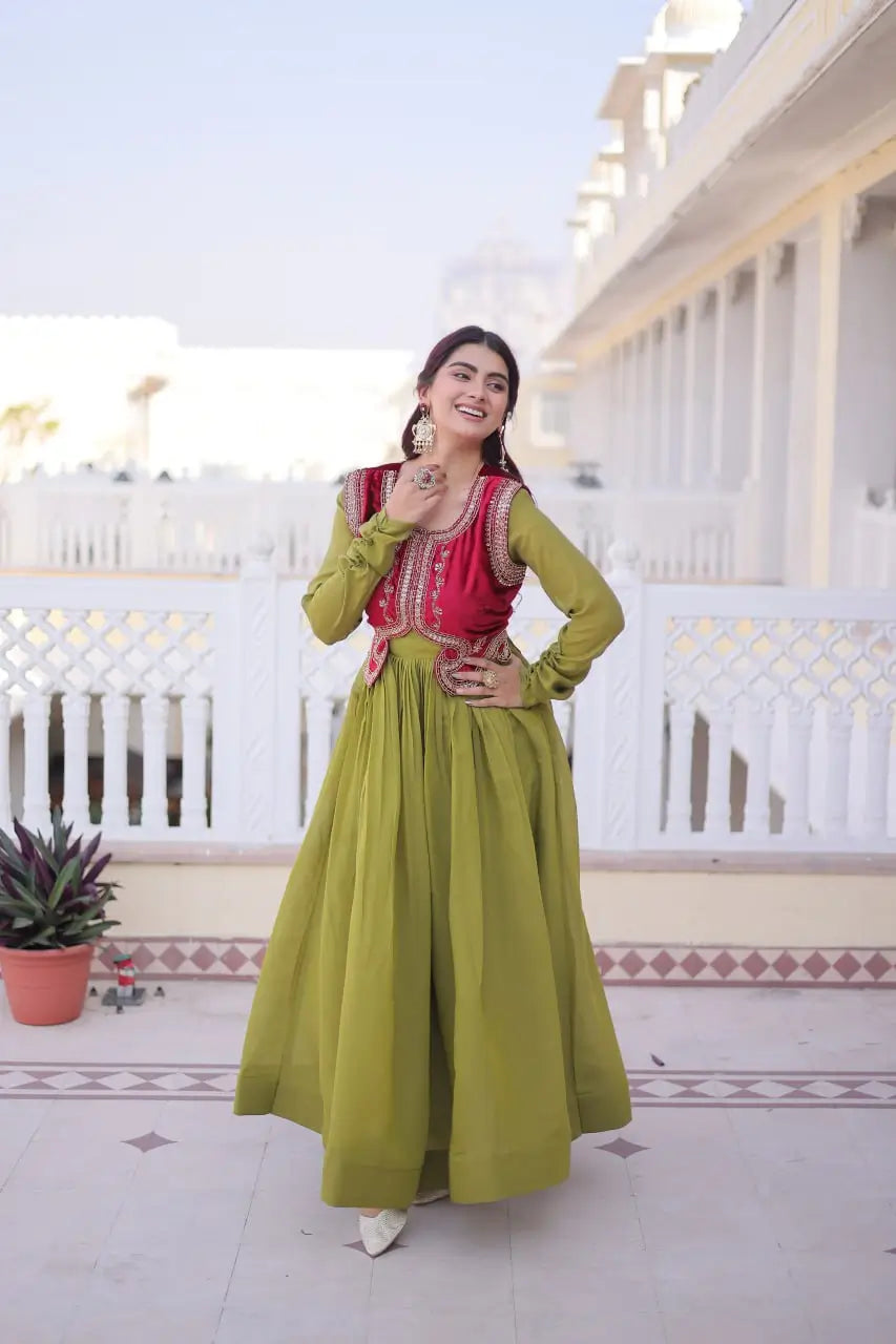 Embroidered Faux Georgette Gown with Velvet Koti Set