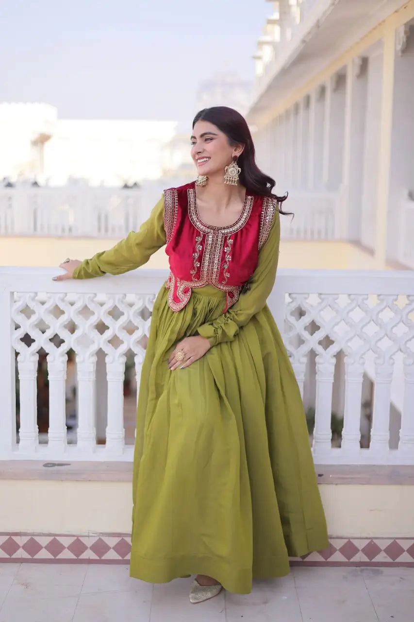 Embroidered Faux Georgette Gown with Velvet Koti Set