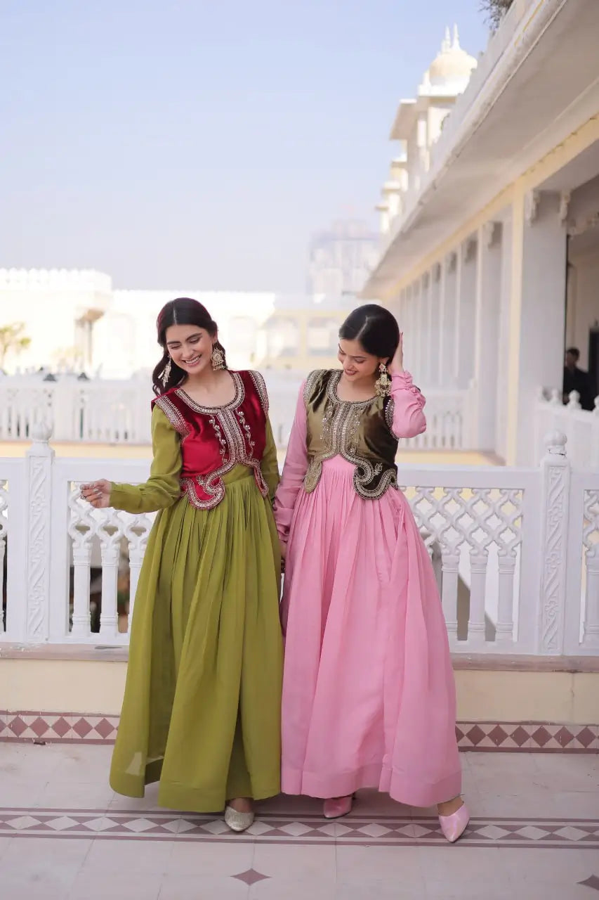 Embroidered Faux Georgette Gown with Velvet Koti Set
