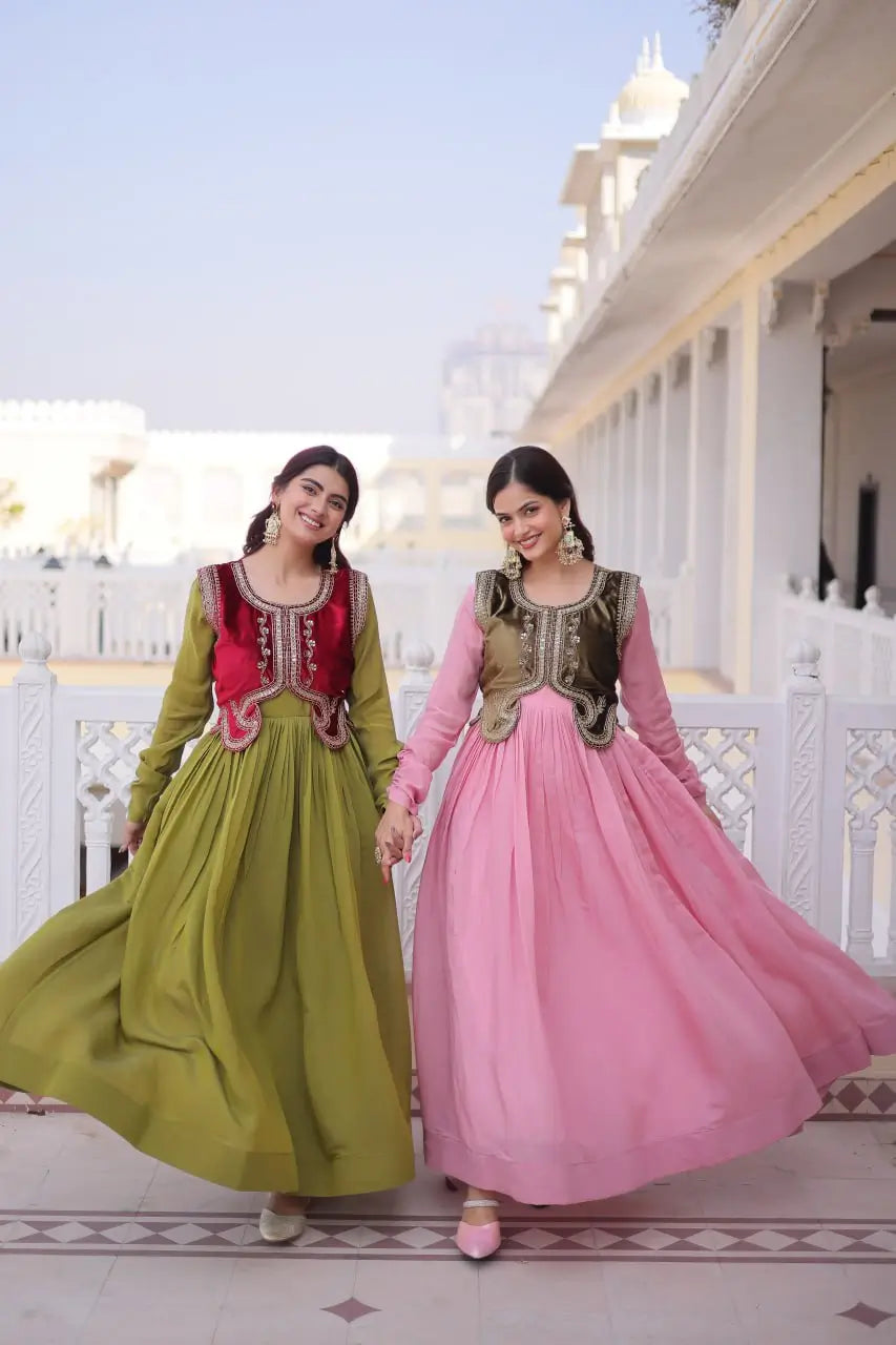 Embroidered Faux Georgette Gown with Velvet Koti Set