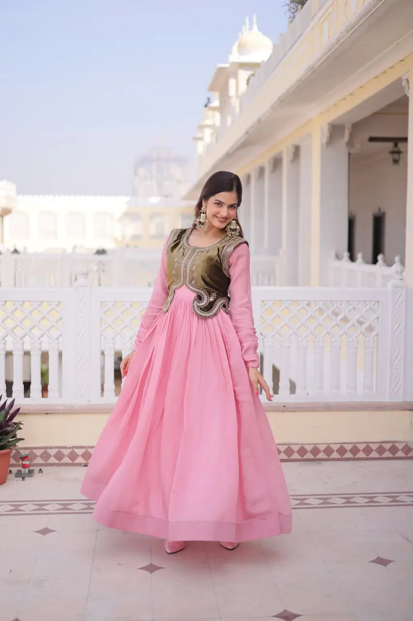 Embroidered Faux Georgette Gown with Velvet Koti Set