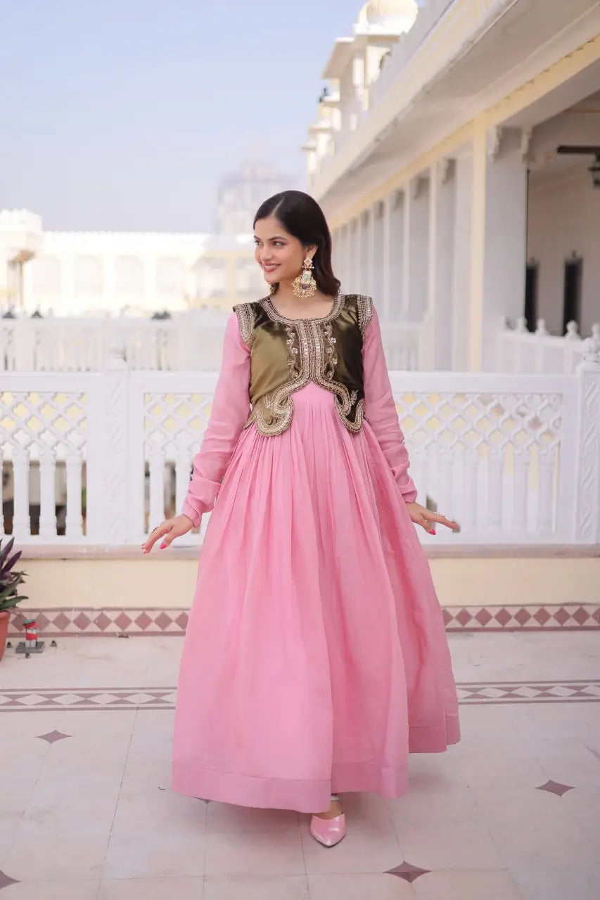 Embroidered Faux Georgette Gown with Velvet Koti Set