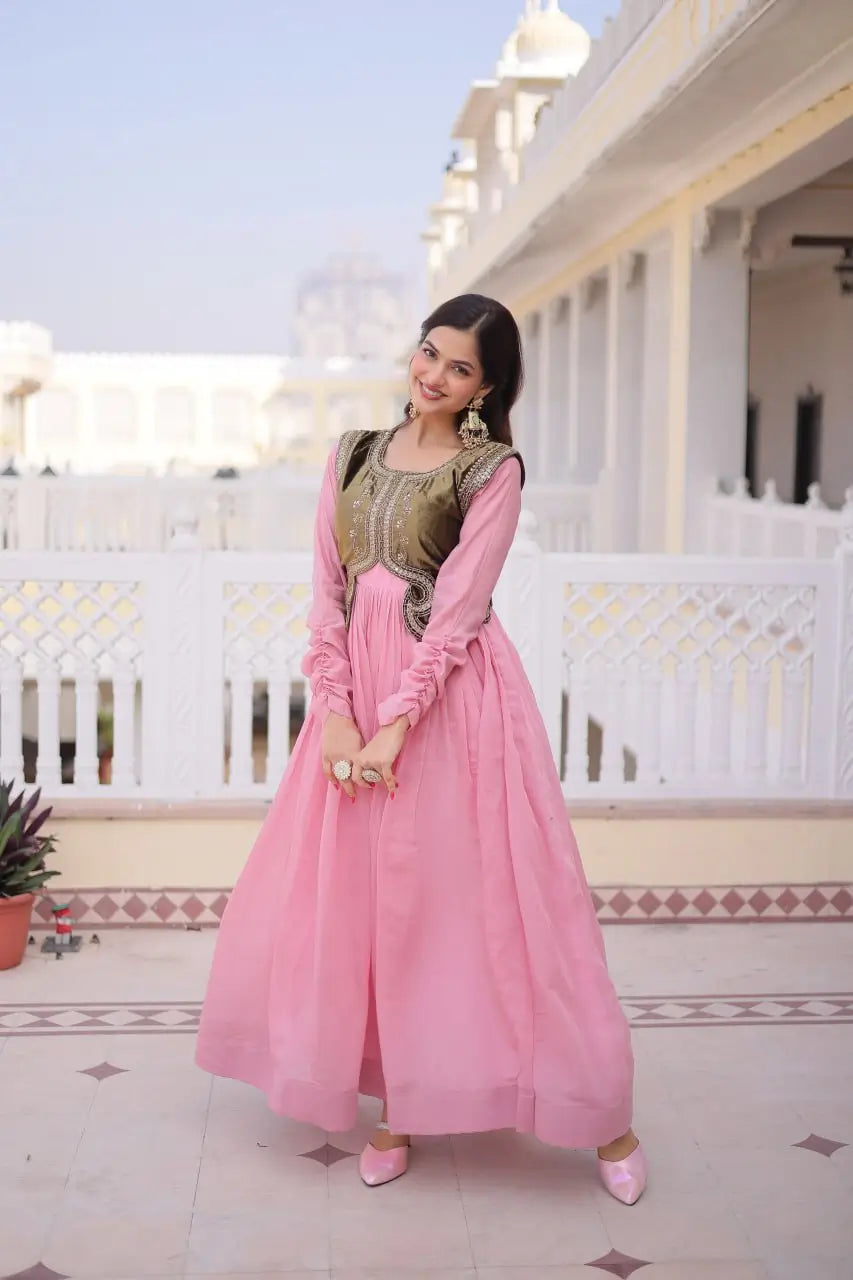 Embroidered Faux Georgette Gown with Velvet Koti Set