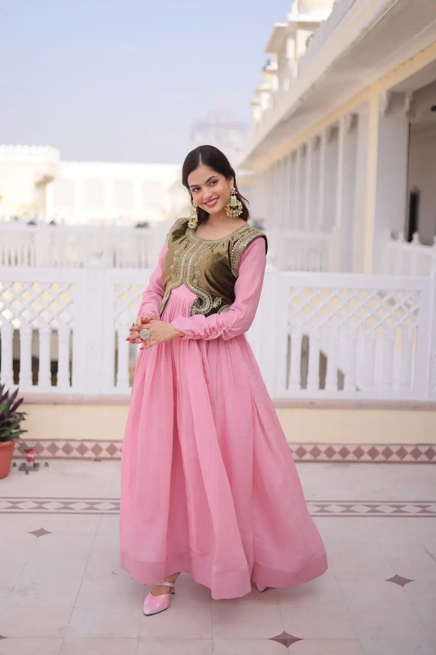 Embroidered Faux Georgette Gown with Velvet Koti Set