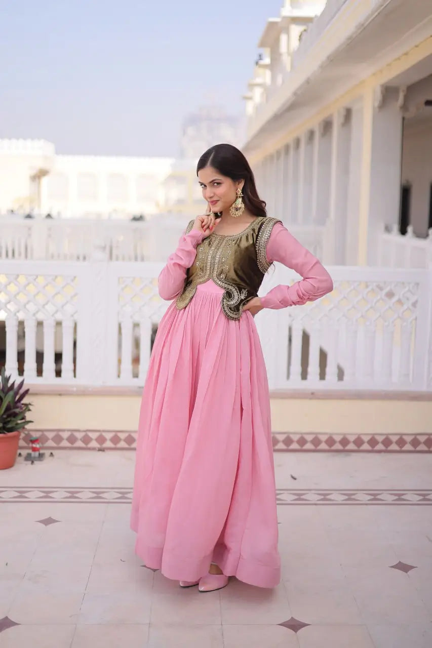 Embroidered Faux Georgette Gown with Velvet Koti Set