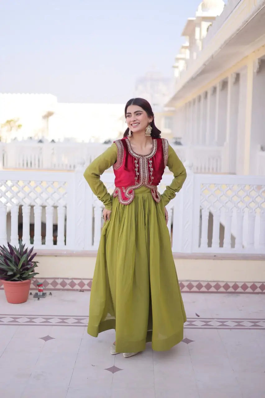 Embroidered Faux Georgette Gown with Velvet Koti Set