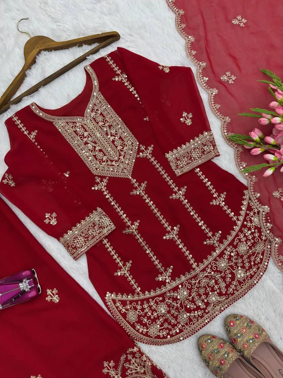 Embroidered Faux Georgette Kurta Palazzo Set With Dupatta