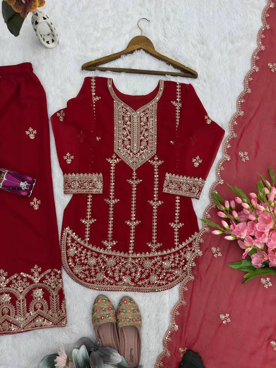 Embroidered Faux Georgette Kurta Palazzo Set With Dupatta