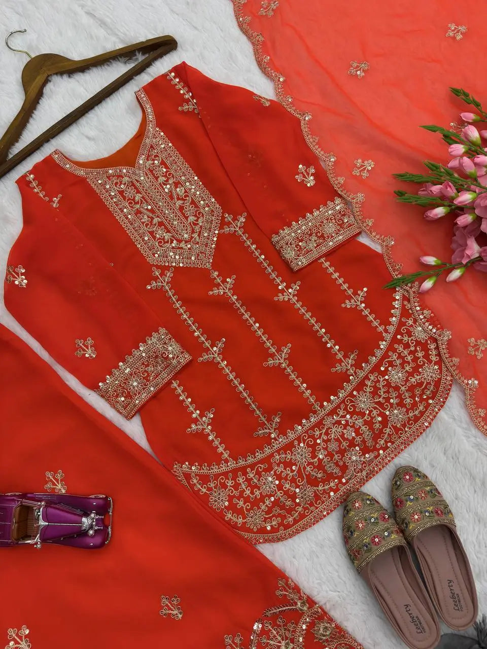 Embroidered Faux Georgette Kurta Palazzo Set With Dupatta