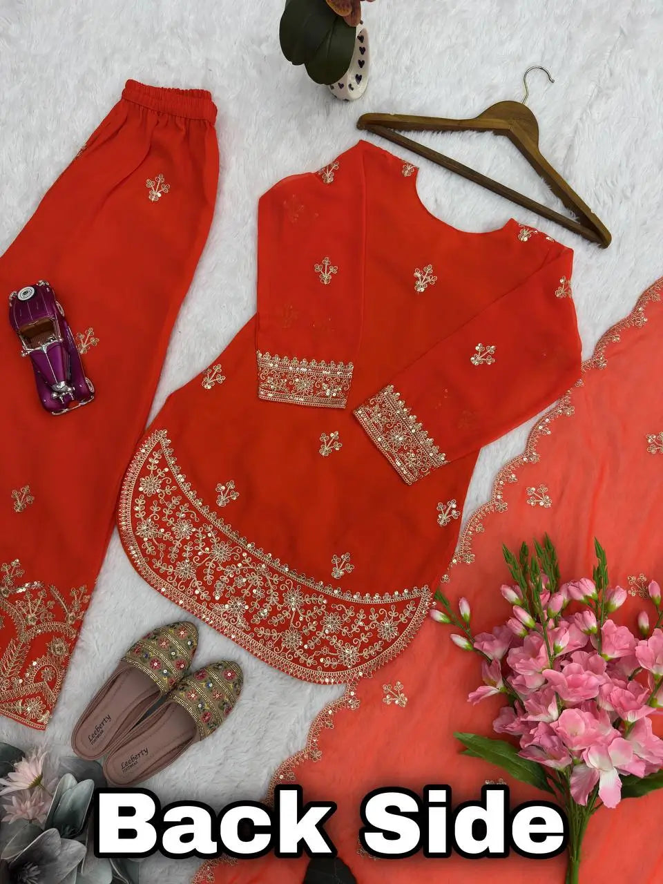 Embroidered Faux Georgette Kurta Palazzo Set With Dupatta