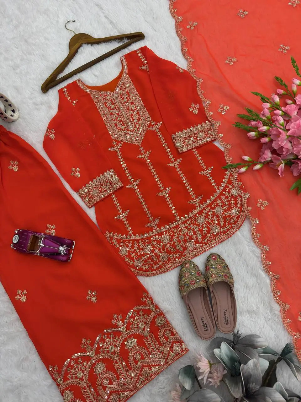 Embroidered Faux Georgette Kurta Palazzo Set With Dupatta