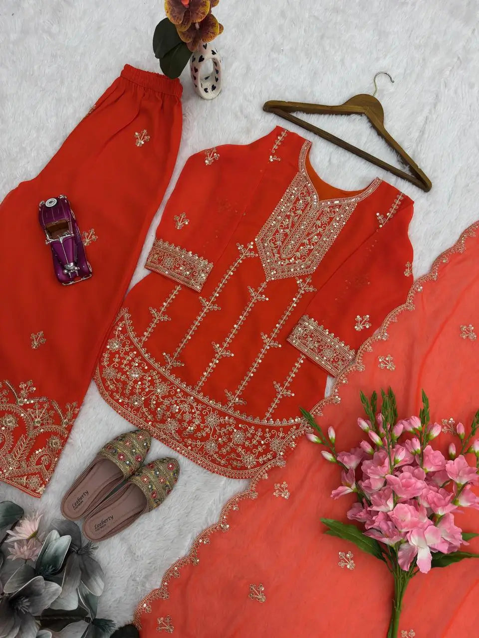 Embroidered Faux Georgette Kurta Palazzo Set With Dupatta