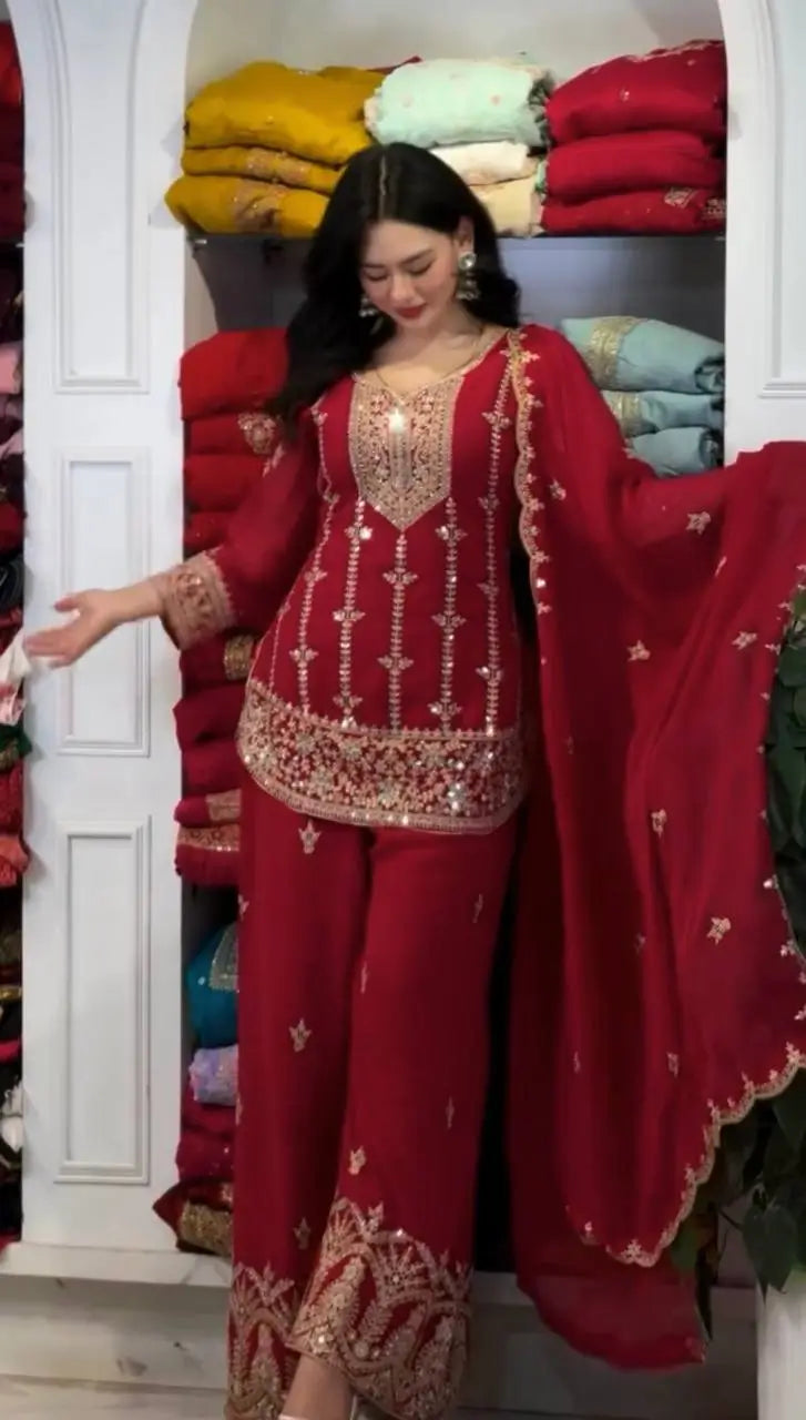 Embroidered Faux Georgette Kurta Palazzo Set With Dupatta