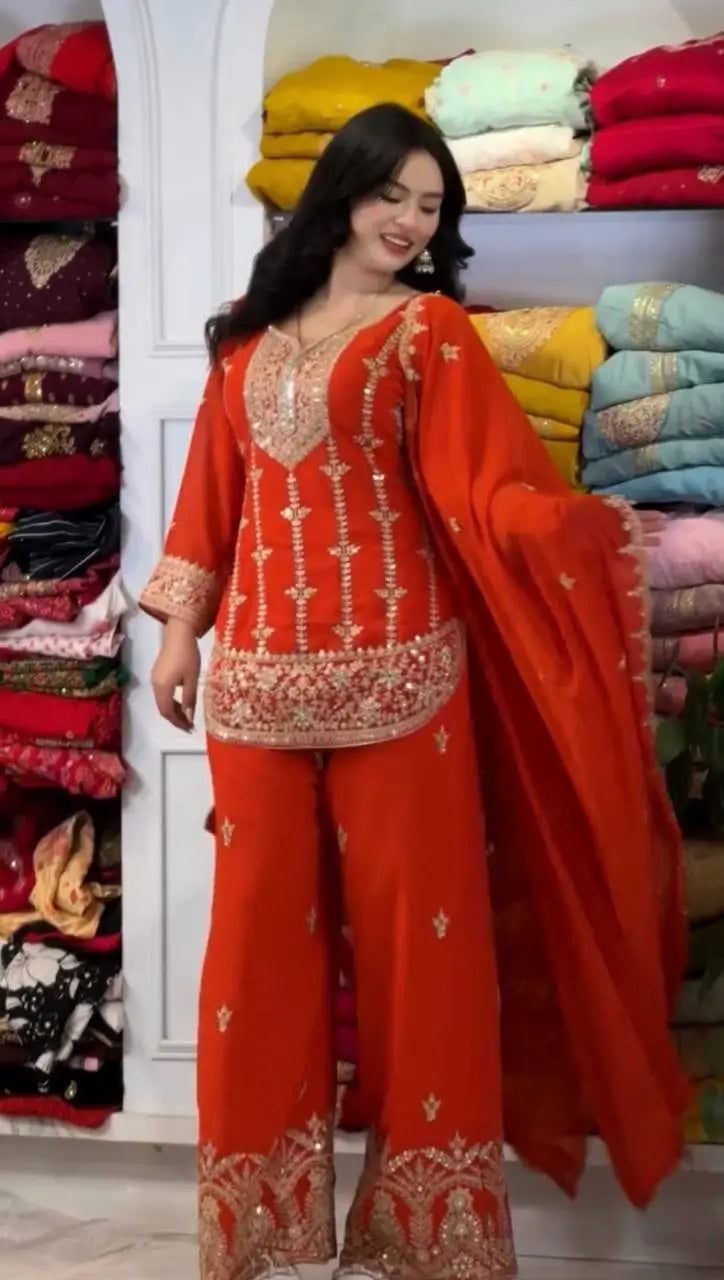 Embroidered Faux Georgette Kurta Palazzo Set With Dupatta