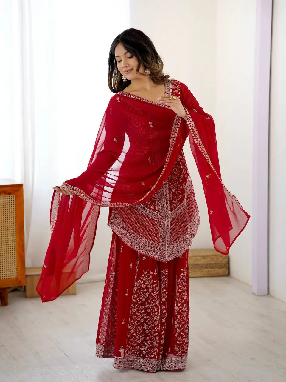 Embroidered Faux Georgette Kurta Palazzo Set With Dupatta