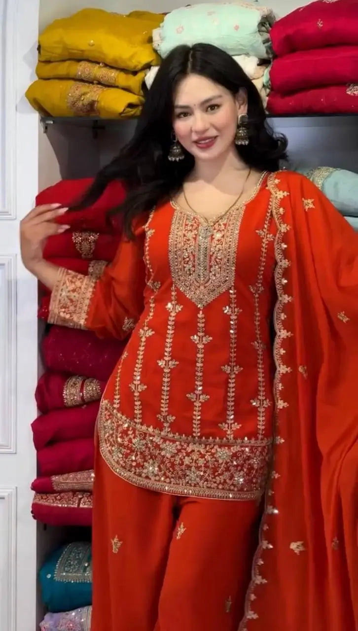 Embroidered Faux Georgette Kurta Palazzo Set With Dupatta