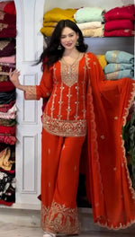 Embroidered Faux Georgette Kurta Palazzo Set With Dupatta