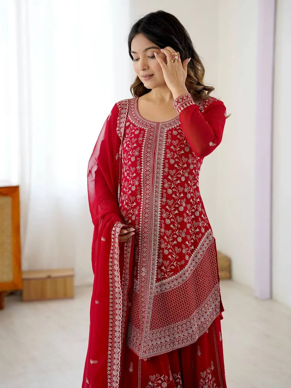 Embroidered Faux Georgette Kurta Palazzo Set With Dupatta