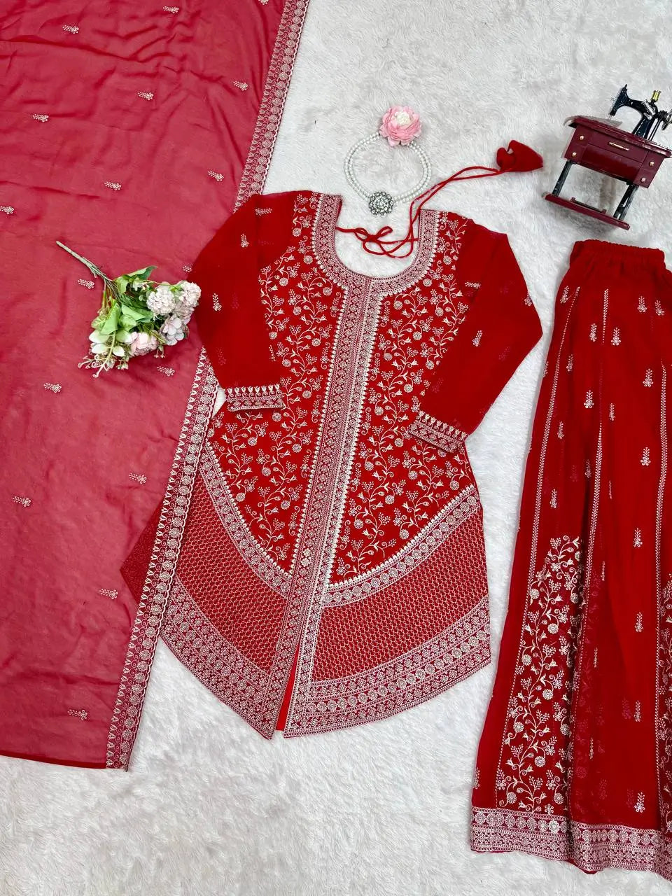 Embroidered Faux Georgette Kurta Palazzo Set With Dupatta