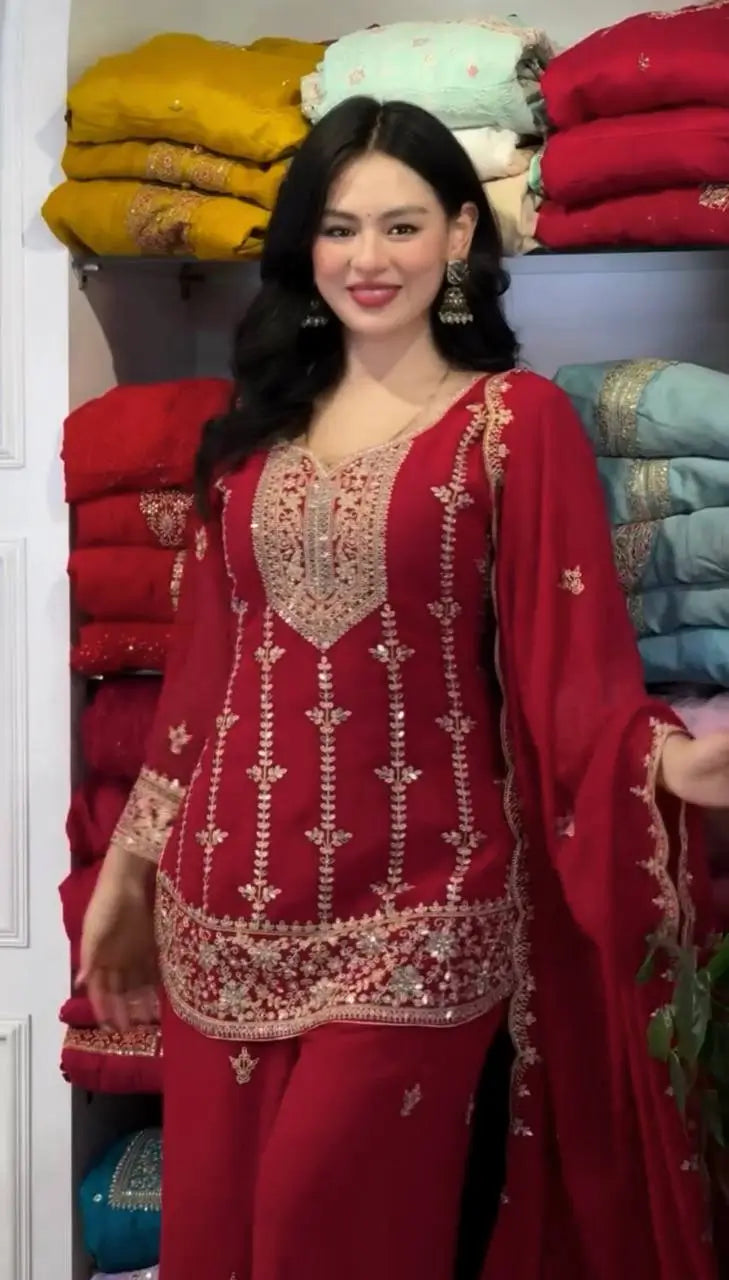 Embroidered Faux Georgette Kurta Palazzo Set With Dupatta