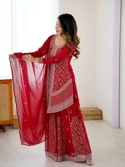 Embroidered Faux Georgette Kurta Palazzo Set With Dupatta