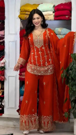 Embroidered Faux Georgette Kurta Palazzo Set With Dupatta
