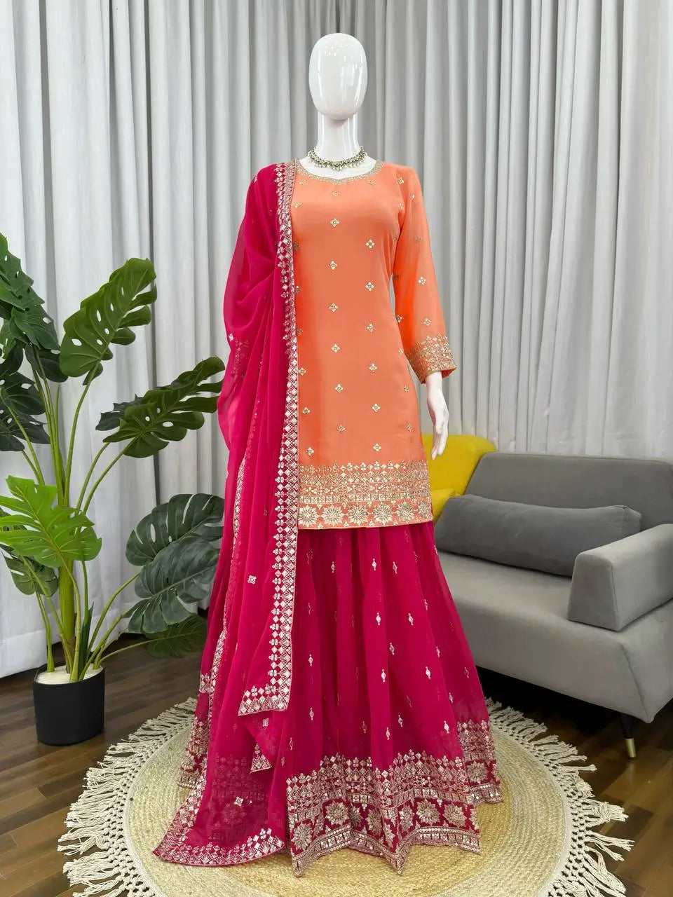 Embroidered Faux Georgette Kurta Palazzo Set with Dupatta for Festive and Party Wear