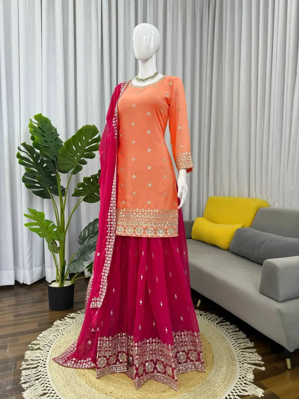 Embroidered Faux Georgette Kurta Palazzo Set with Dupatta for Festive and Party Wear