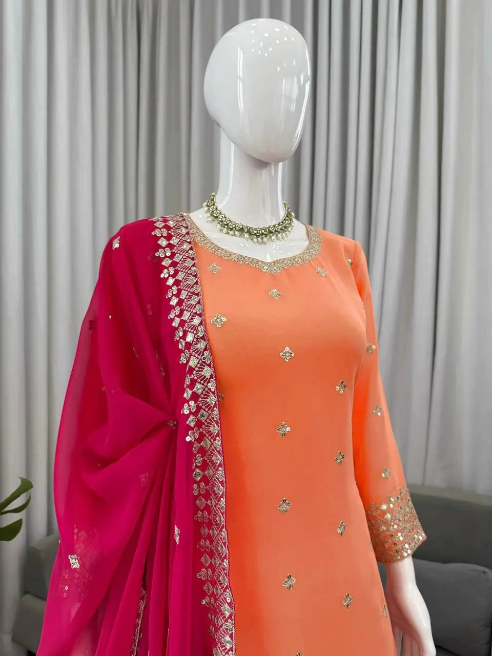 Embroidered Faux Georgette Kurta Palazzo Set with Dupatta for Festive and Party Wear