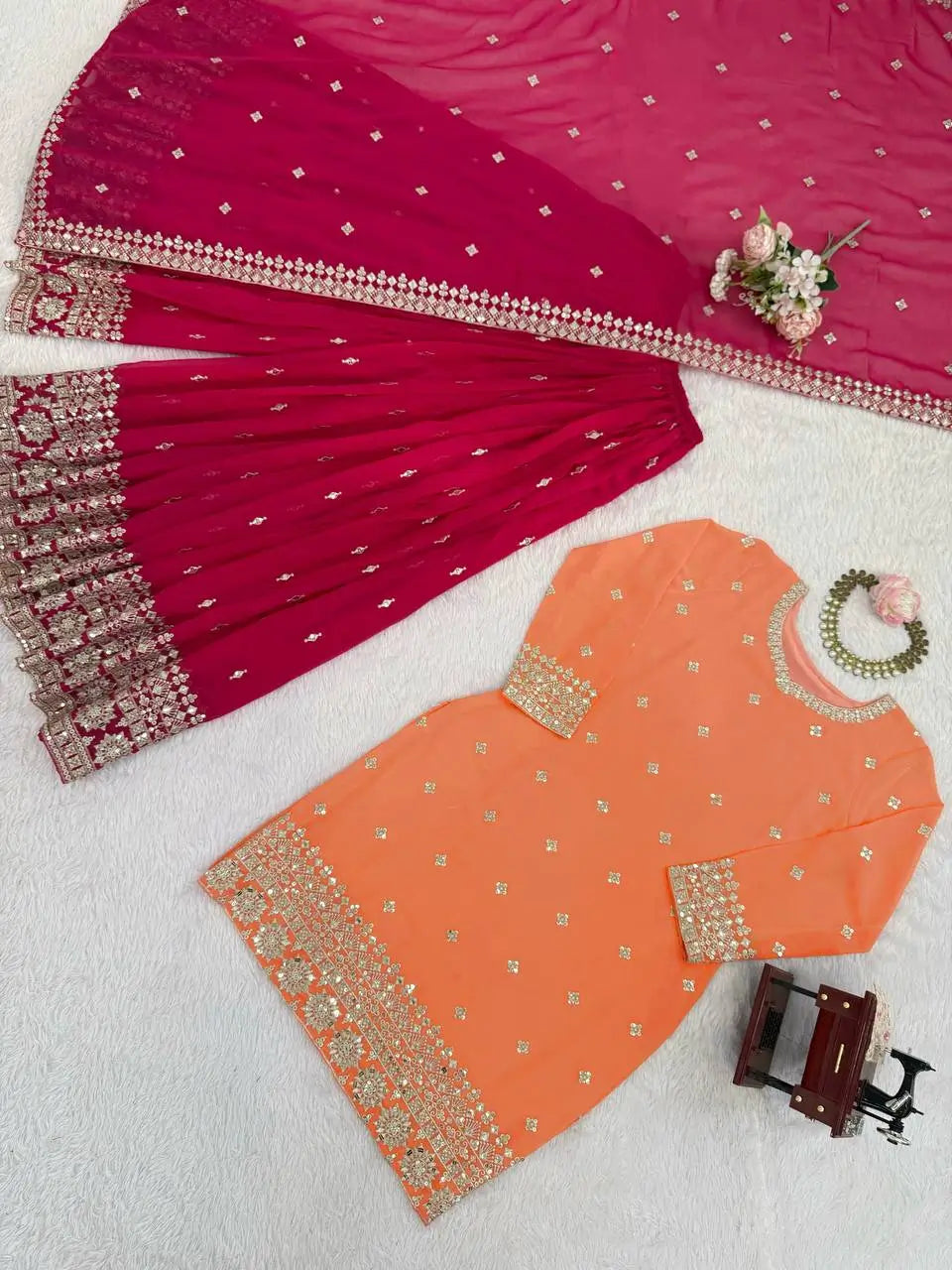 Embroidered Faux Georgette Kurta Palazzo Set with Dupatta for Festive and Party Wear