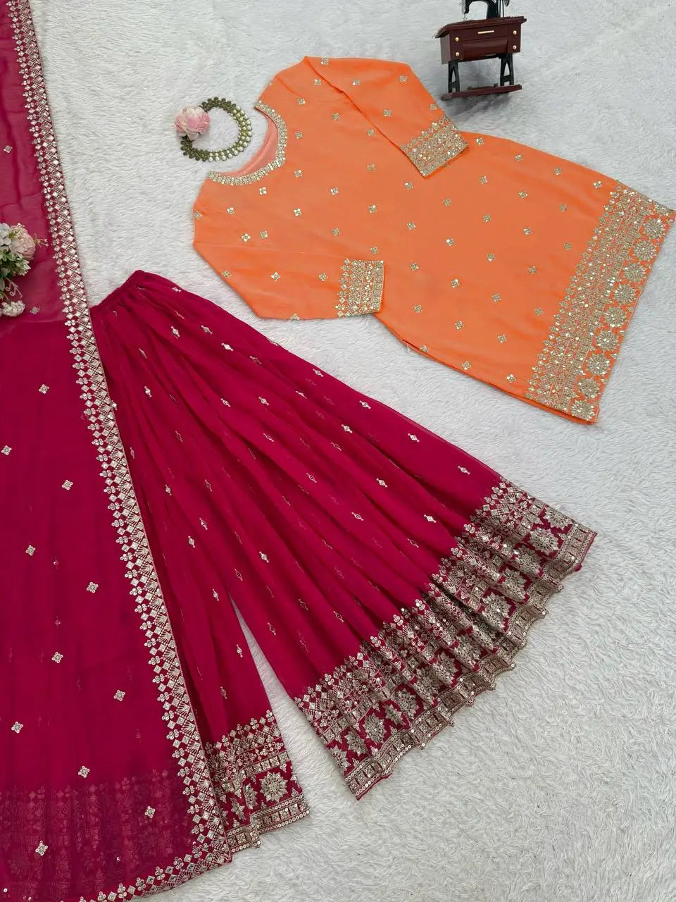 Embroidered Faux Georgette Kurta Palazzo Set with Dupatta for Festive and Party Wear