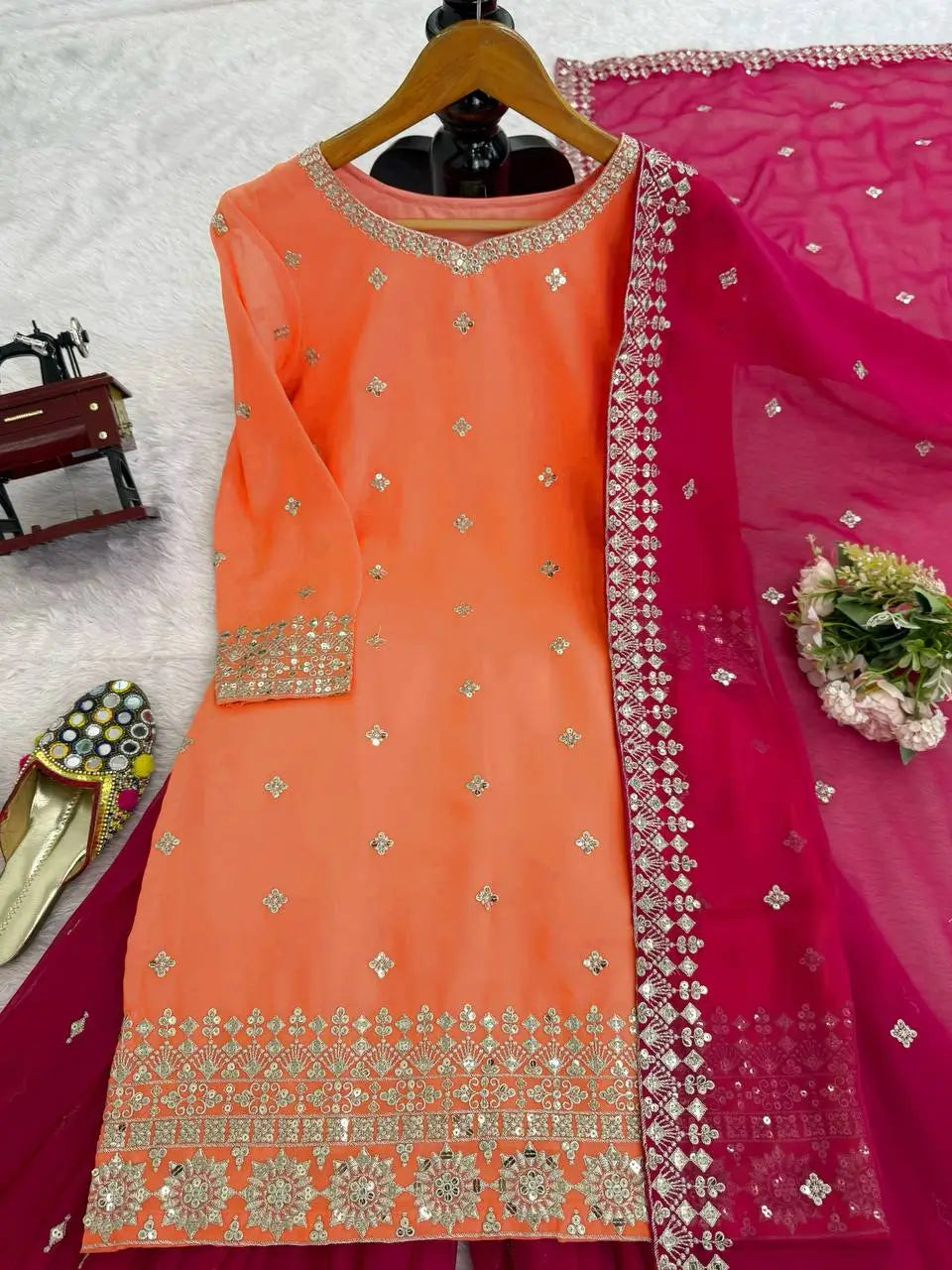 Embroidered Faux Georgette Kurta Palazzo Set with Dupatta for Festive and Party Wear