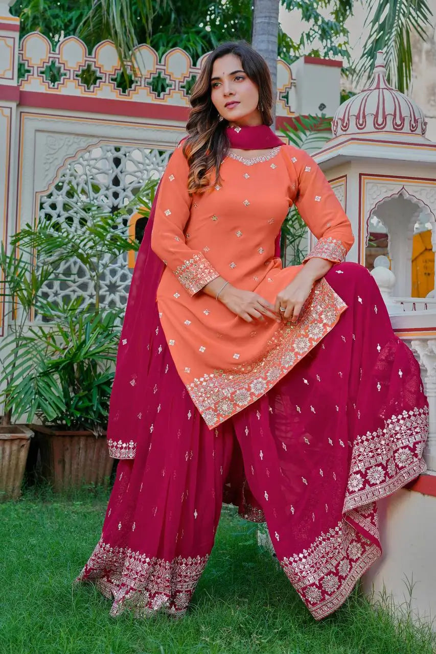 Embroidered Faux Georgette Kurta Palazzo Set with Dupatta for Festive and Party Wear