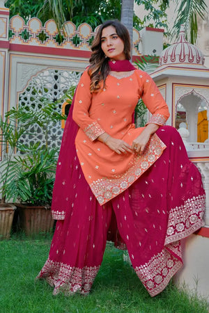 Embroidered Faux Georgette Kurta Palazzo Set with Dupatta for Festive and Party Wear