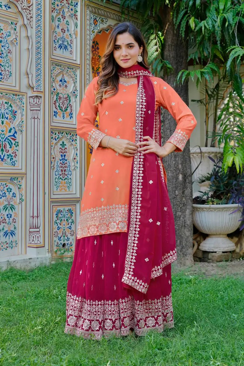 Embroidered Faux Georgette Kurta Palazzo Set with Dupatta for Festive and Party Wear