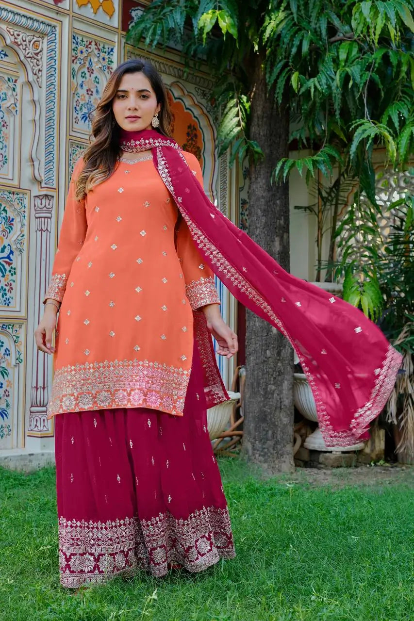 Embroidered Faux Georgette Kurta Palazzo Set with Dupatta for Festive and Party Wear