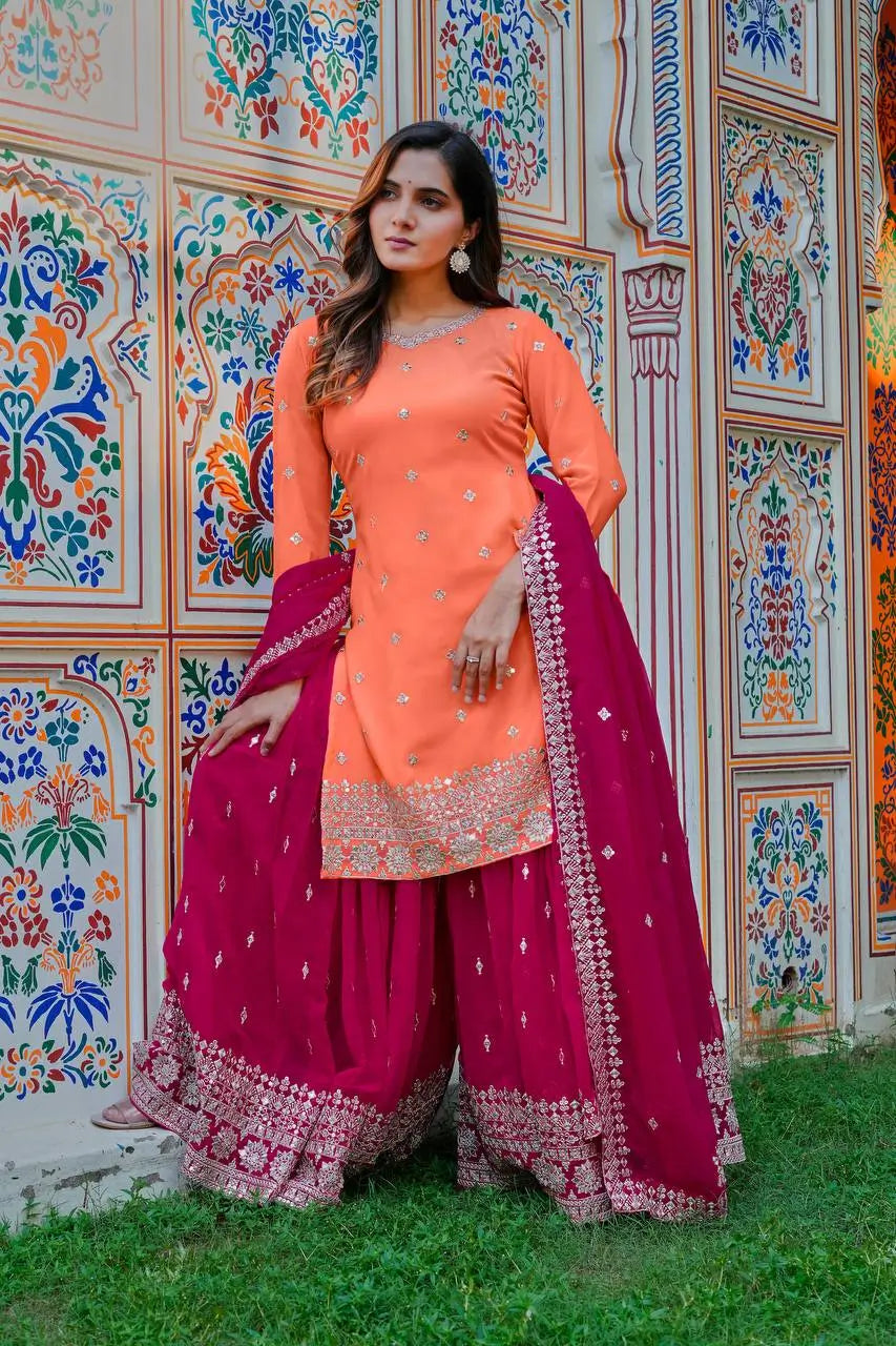 Embroidered Faux Georgette Kurta Palazzo Set with Dupatta for Festive and Party Wear