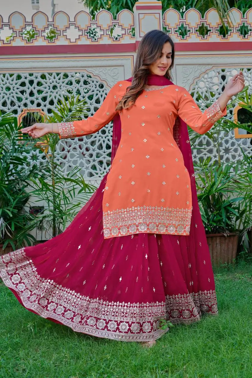 Embroidered Faux Georgette Kurta Palazzo Set with Dupatta for Festive and Party Wear