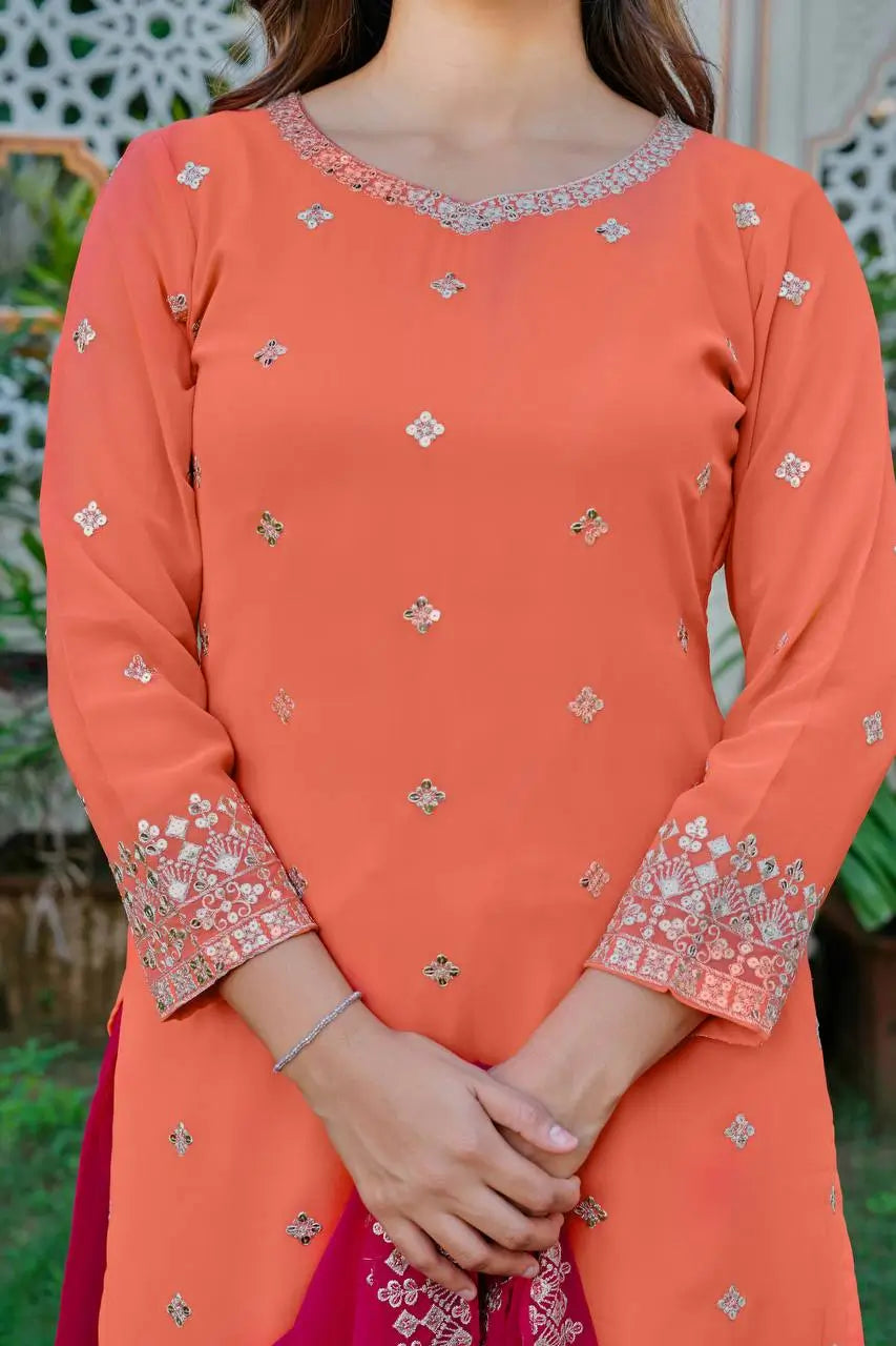 Embroidered Faux Georgette Kurta Palazzo Set with Dupatta for Festive and Party Wear