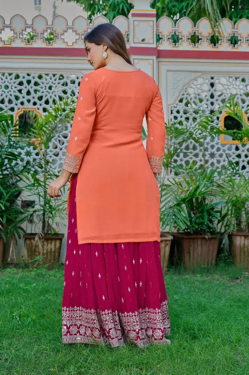 Embroidered Faux Georgette Kurta Palazzo Set with Dupatta for Festive and Party Wear