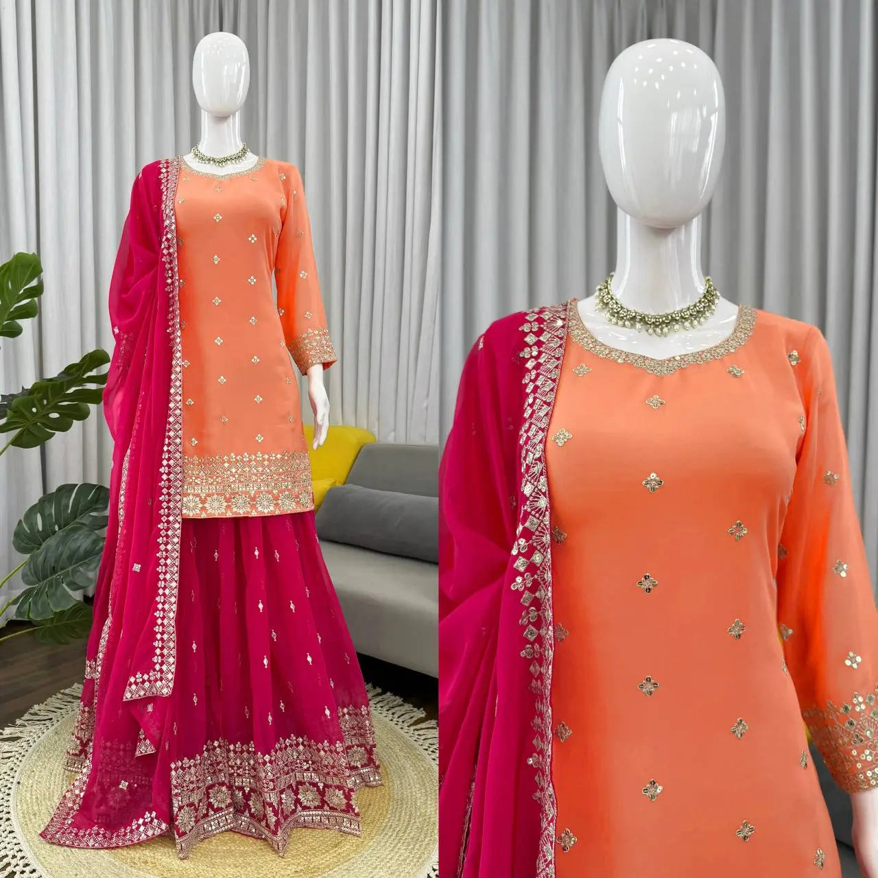 Embroidered Faux Georgette Kurta Palazzo Set with Dupatta for Festive and Party Wear