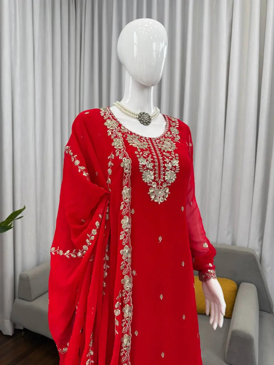 Embroidered Faux Georgette Kurta Plazzo Set