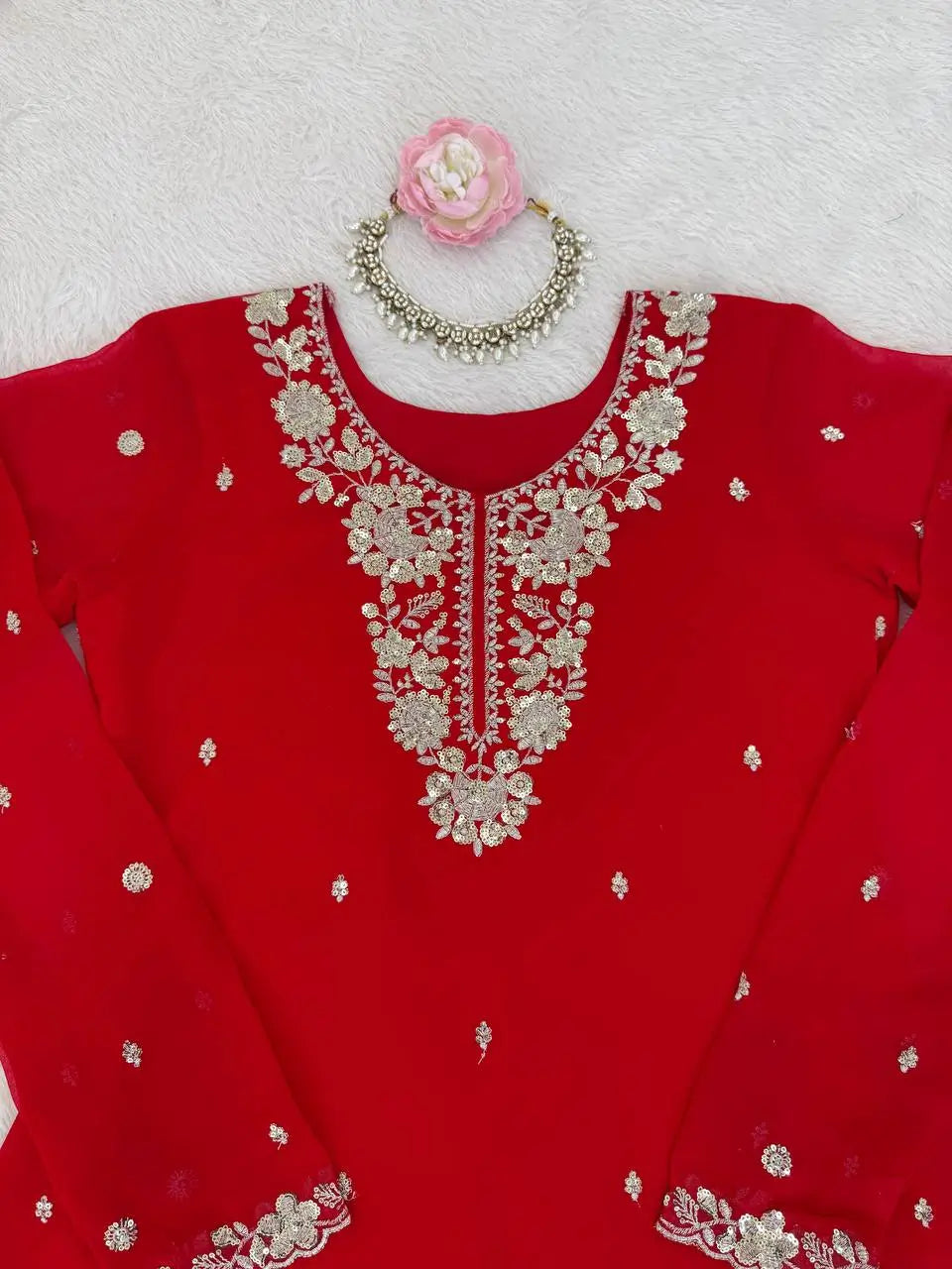 Embroidered Faux Georgette Kurta Plazzo Set