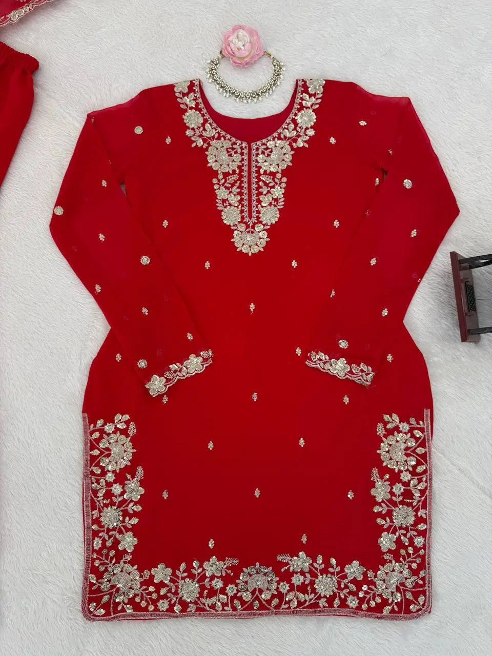 Embroidered Faux Georgette Kurta Plazzo Set
