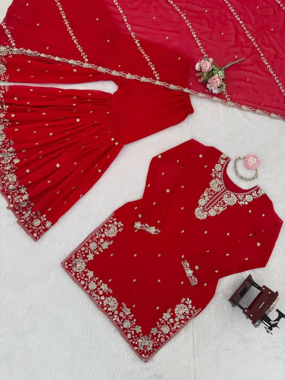 Embroidered Faux Georgette Kurta Plazzo Set