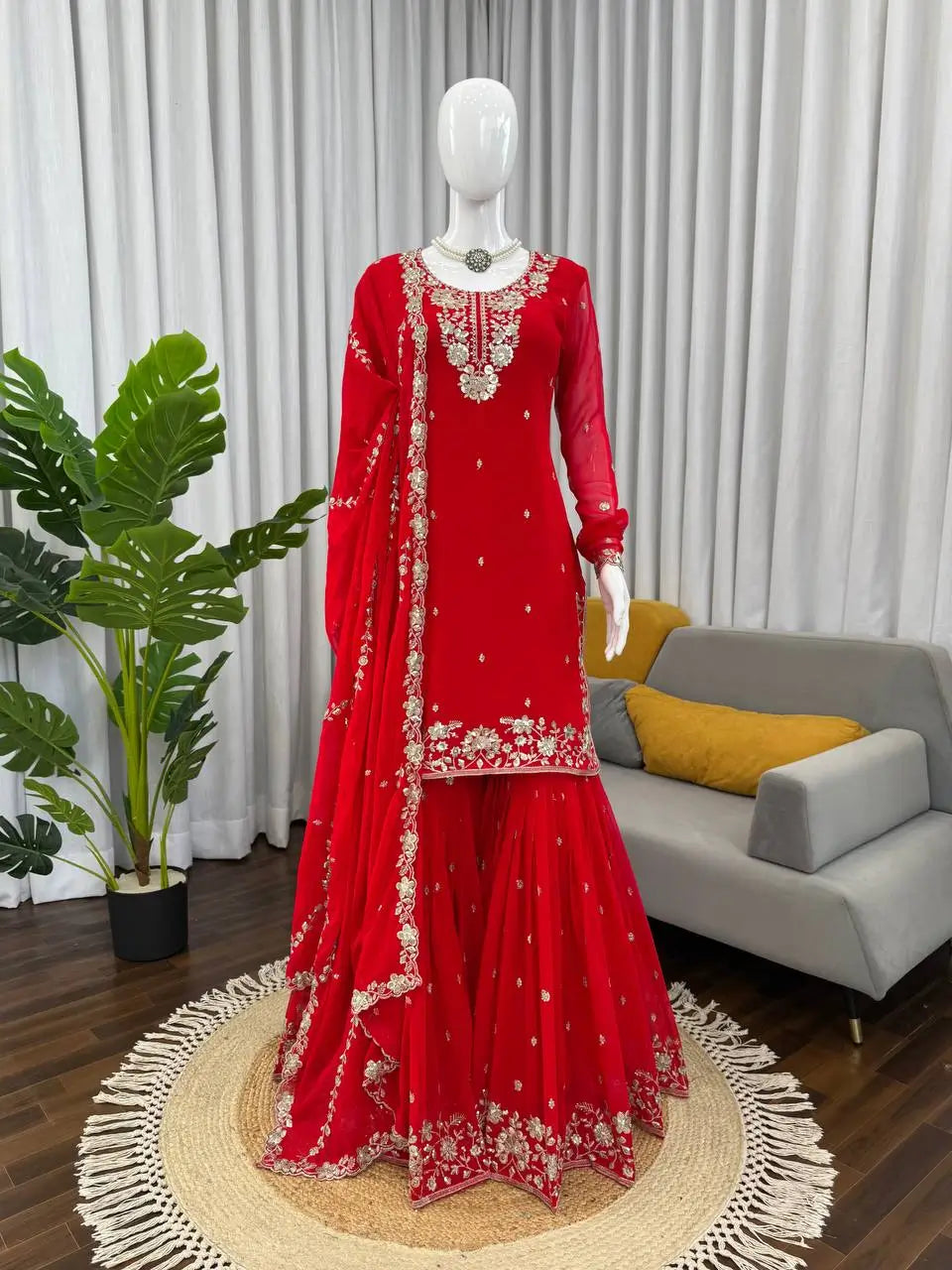 Embroidered Faux Georgette Kurta Plazzo Set
